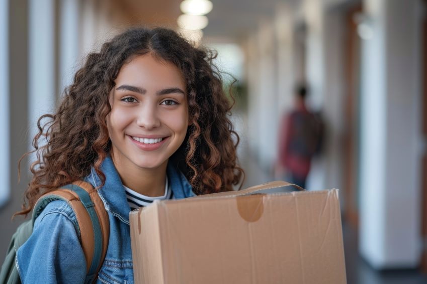 A young woman moving into a college dorm.